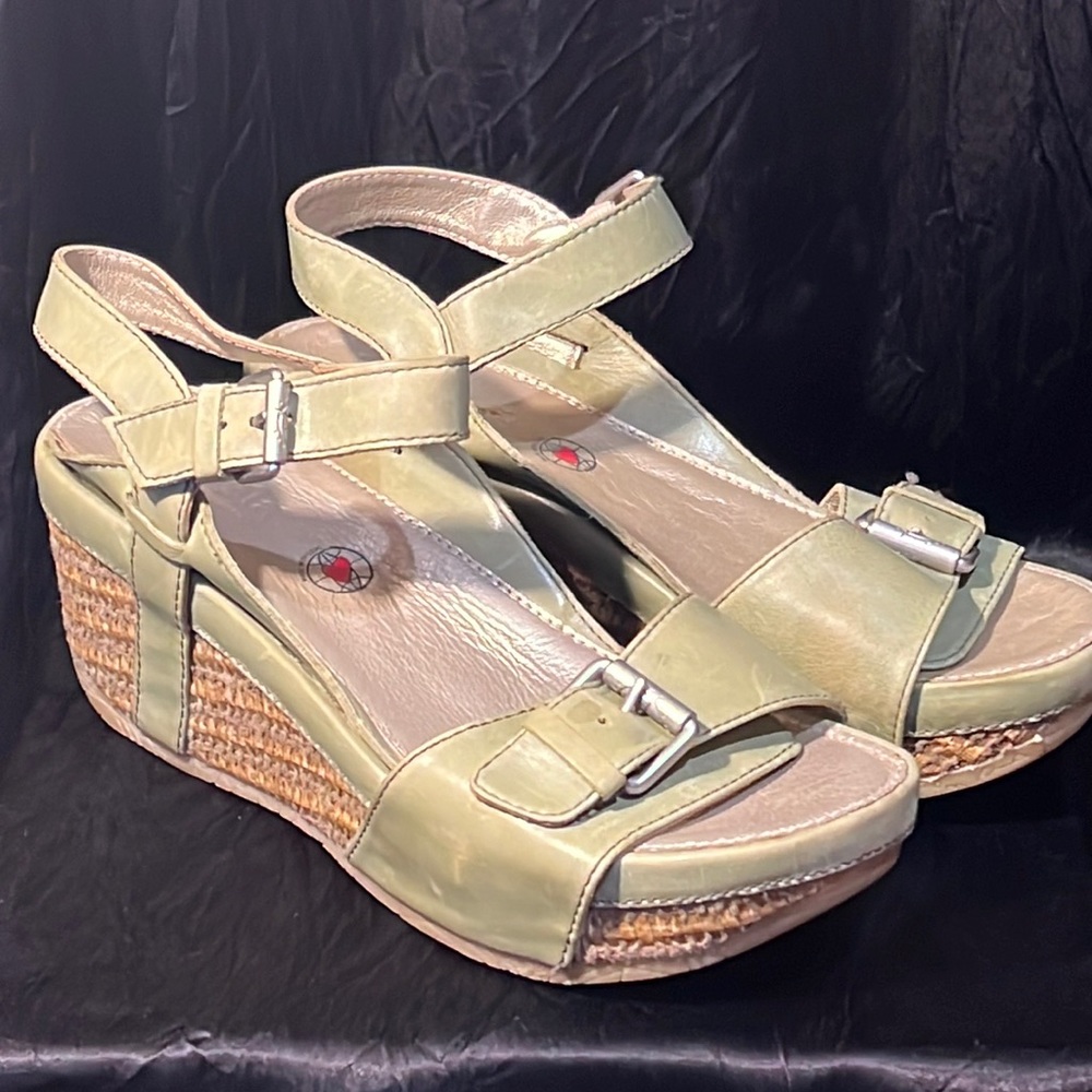 bussola Ibiza “grass” green leather/woven platform sandals-EUC